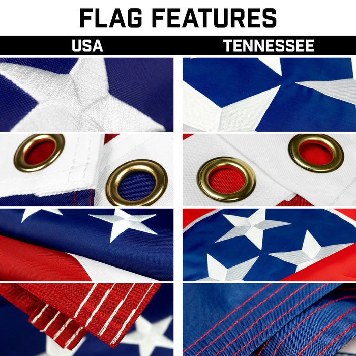 G128 Combo Pack: 25 Ft Telescoping Aluminum Flagpole (Silver) & American and Tennessee Flags 3x5 Ft, Both ToughWeave Series Embroidered Polyester | Pole with Flags Included