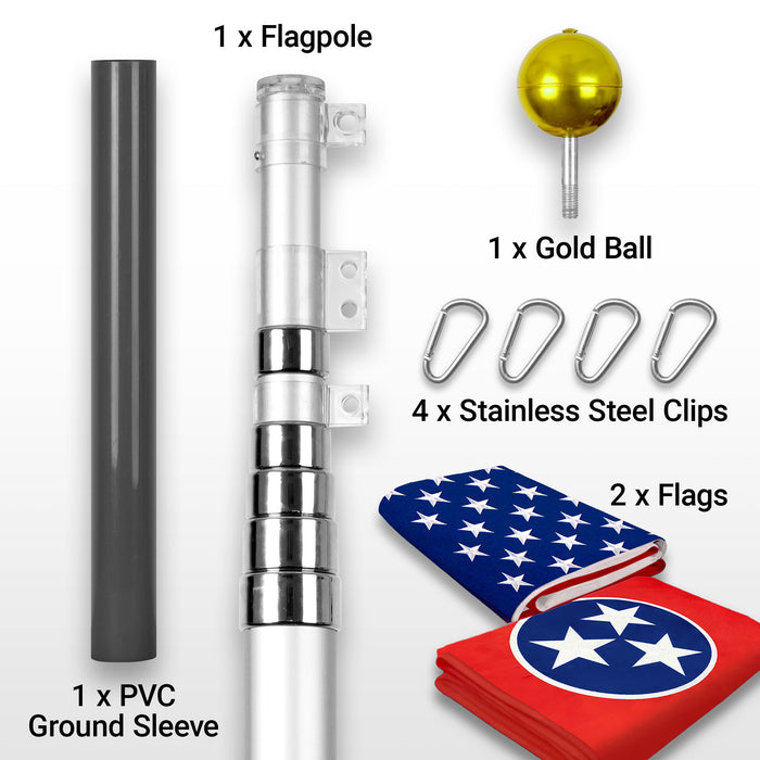 G128 Combo Pack: 25 Ft Telescoping Aluminum Flagpole (Silver) & American and Tennessee Flags 3x5 Ft, Both ToughWeave Series Embroidered Polyester | Pole with Flags Included
