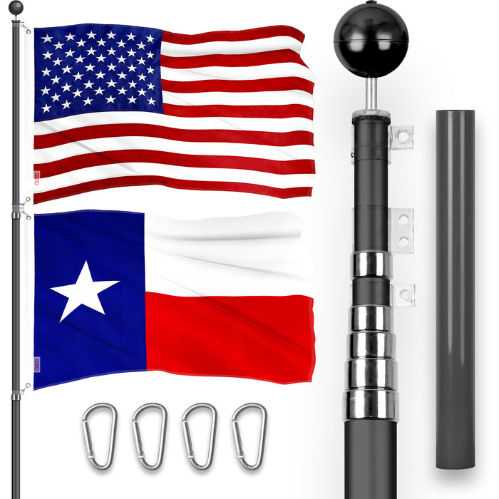 G128 Combo Pack: 20 Ft Telescoping Aluminum Flagpole (Black) & American and Texas Flags 3x5 Ft, Both ToughWeave Series Embroidered Polyester | Pole with Flags Included