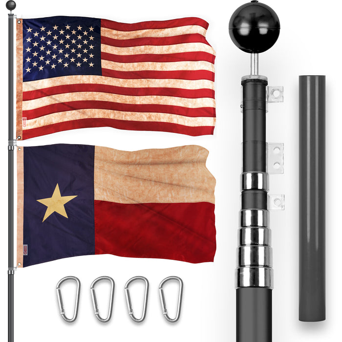 G128 Combo Pack: 25 Ft Telescoping Aluminum Flagpole (Black) & American and Texas Tea Stained Flags 3x5 Ft, Both ToughWeave Series Embroidered Polyester | Pole with Flags Included