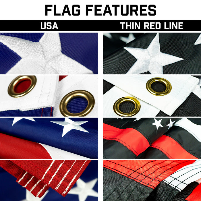 G128 Combo Pack: 25 Ft Telescoping Aluminum Flagpole (Black) & American and Thin Red Line Flags 3x5 Ft, Both ToughWeave Series Embroidered Polyester | Pole with Flags Included