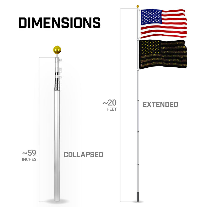 G128 Combo Pack: 20 Ft Telescoping Aluminum Flagpole (Silver) & American and USA Camouflage Flags 3x5 Ft, Both ToughWeave Series Embroidered Polyester | Pole with Flags Included