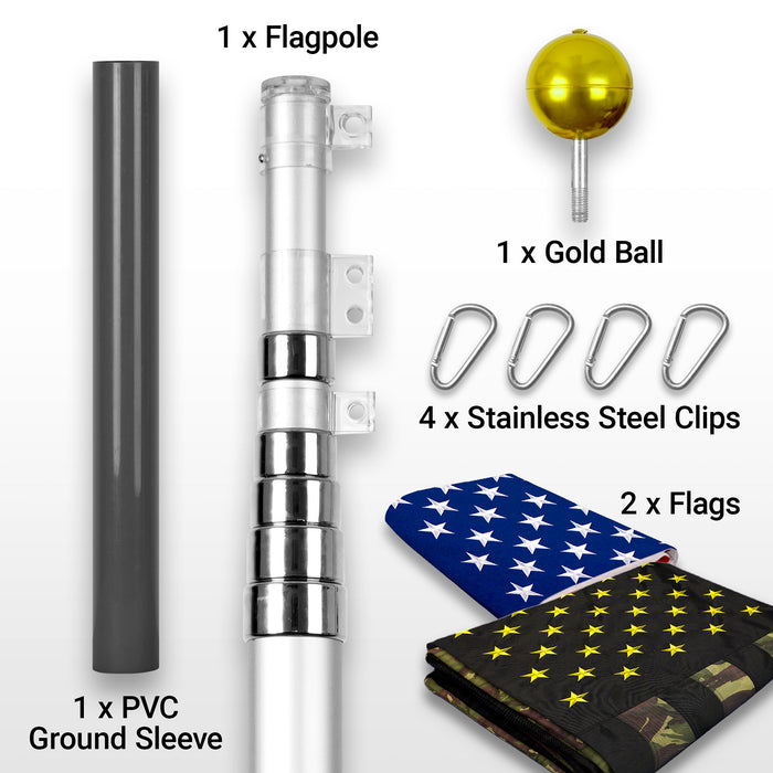 G128 Combo Pack: 20 Ft Telescoping Aluminum Flagpole (Silver) & American and USA Camouflage Flags 3x5 Ft, Both ToughWeave Series Embroidered Polyester | Pole with Flags Included