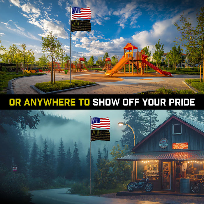 G128 Combo Pack: 25 Ft Telescoping Aluminum Flagpole (Black) & American and USA Camouflage Flags 3x5 Ft, Both ToughWeave Series Embroidered Polyester | Pole with Flags Included