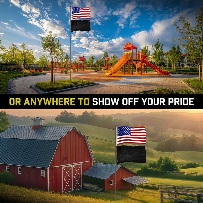 G128 Combo Pack: 20 Ft Telescoping Aluminum Flagpole (Black) & American and All Black USA Flags 3x5 Ft, Both ToughWeave Series Embroidered Polyester | Pole with Flags Included
