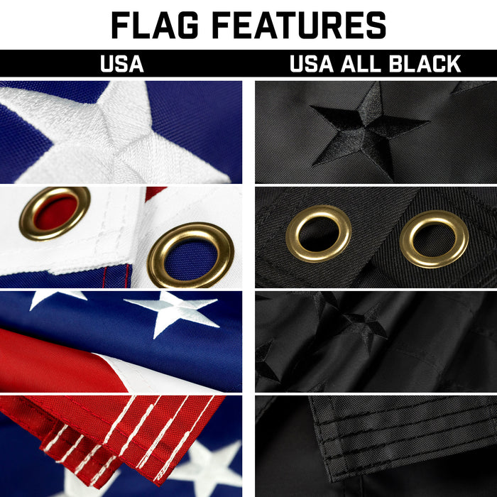 G128 Combo Pack: 20 Ft Telescoping Aluminum Flagpole (Black) & American and All Black USA Flags 3x5 Ft, Both ToughWeave Series Embroidered Polyester | Pole with Flags Included