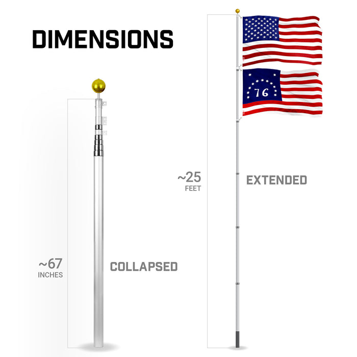 G128 Combo Pack: 25 Ft Telescoping Aluminum Flagpole (Silver) & American and Bennington Flags 3x5 Ft, Both ToughWeave Series Embroidered Polyester | Pole with Flags Included