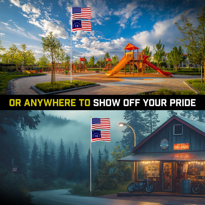 G128 Combo Pack: 25 Ft Telescoping Aluminum Flagpole (Silver) & American and Bennington Flags 3x5 Ft, Both ToughWeave Series Embroidered Polyester | Pole with Flags Included
