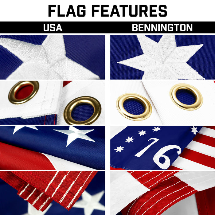G128 Combo Pack: 25 Ft Telescoping Aluminum Flagpole (Silver) & American and Bennington Flags 3x5 Ft, Both ToughWeave Series Embroidered Polyester | Pole with Flags Included