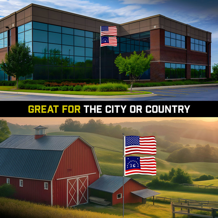 G128 Combo Pack: 20 Ft Telescoping Aluminum Flagpole (Black) & American and Bennington Flags 3x5 Ft, Both ToughWeave Series Embroidered Polyester | Pole with Flags Included