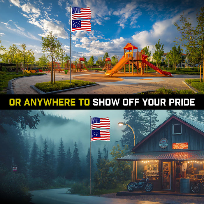 G128 Combo Pack: 20 Ft Telescoping Aluminum Flagpole (Black) & American and Bennington Flags 3x5 Ft, Both ToughWeave Series Embroidered Polyester | Pole with Flags Included