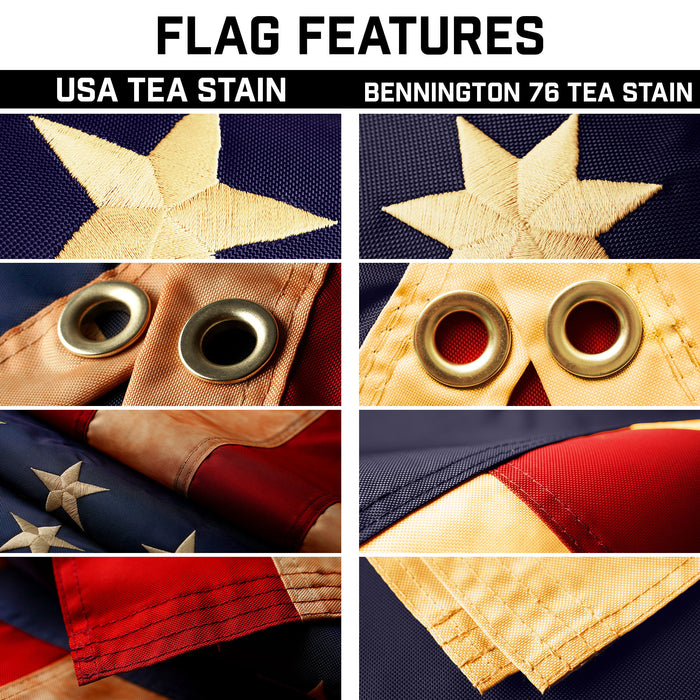 G128 Combo Pack: 25 Ft Telescoping Aluminum Flagpole (Black) & American and Bennington Tea Stained Flags 3x5 Ft, Both ToughWeave Series Embroidered Polyester | Pole with Flags Included