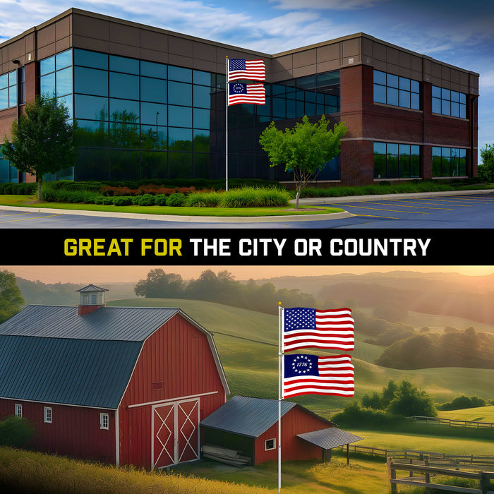 G128 Combo Pack: 25 Ft Telescoping Aluminum Flagpole (Silver) & American and Betsy Ross 1776 Flags 3x5 Ft, Both ToughWeave Series Embroidered Polyester | Pole with Flags Included