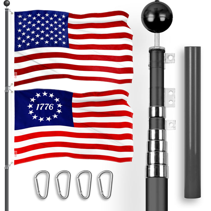 G128 Combo Pack: 25 Ft Telescoping Aluminum Flagpole (Black) & American and Betsy Ross 1776 Flags 3x5 Ft, Both ToughWeave Series Embroidered Polyester | Pole with Flags Included