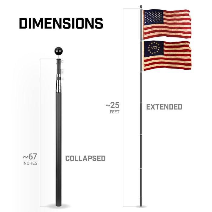 G128 Combo Pack: 25 Ft Telescoping Aluminum Flagpole (Black) & American and Betsy Ross 1776 Tea Stained Flags 3x5 Ft, Both ToughWeave Series Embroidered Polyester | Pole with Flags Included