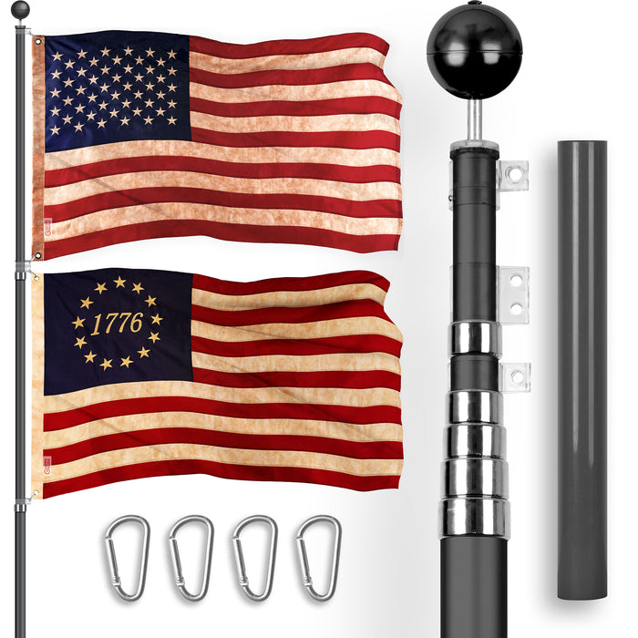 G128 Combo Pack: 25 Ft Telescoping Aluminum Flagpole (Black) & American and Betsy Ross 1776 Tea Stained Flags 3x5 Ft, Both ToughWeave Series Embroidered Polyester | Pole with Flags Included