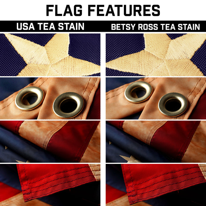 G128 Combo Pack: 20 Ft Telescoping Aluminum Flagpole (Black) & American and Betsy Ross Tea Stained Flags 3x5 Ft, Both ToughWeave Series Embroidered Polyester | Pole with Flags Included