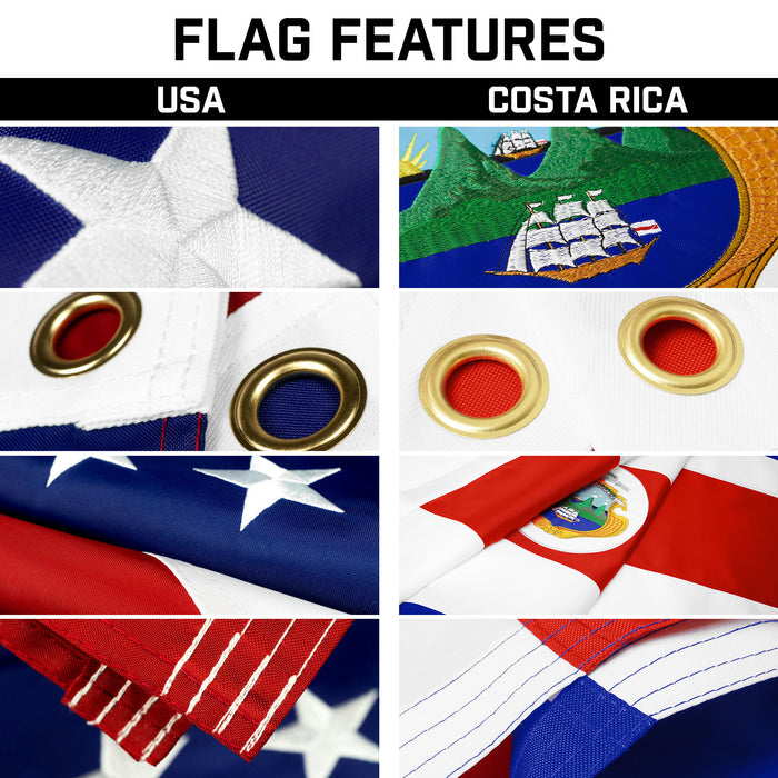 G128 Combo Pack: 25 Ft Telescoping Aluminum Flagpole (Silver) & American and Costa Rica Flags 3x5 Ft, Both ToughWeave Series Embroidered Polyester | Pole with Flags Included
