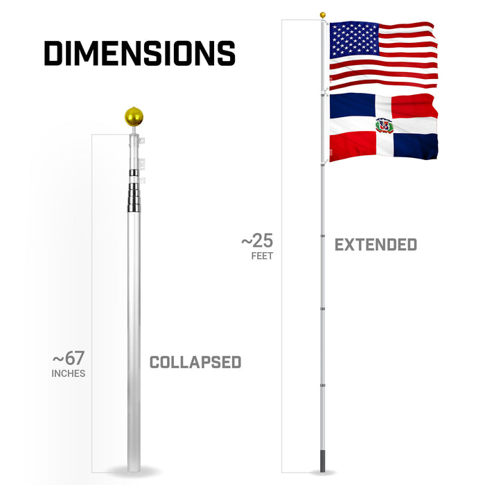 G128 Combo Pack: 25 Ft Telescoping Aluminum Flagpole (Silver) & American and Dominican Republic Flags 3x5 Ft, Both ToughWeave Series Embroidered Polyester | Pole with Flags Included