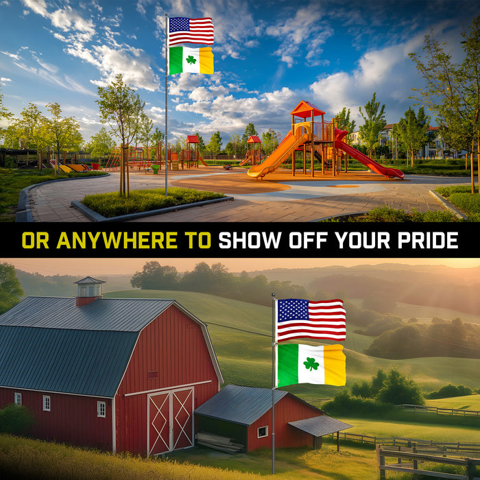 G128 Combo Pack: 25 Ft Telescoping Aluminum Flagpole (Black) & American and Ireland Shamrock Flags 3x5 Ft, Both ToughWeave Series Embroidered Polyester | Pole with Flags Included