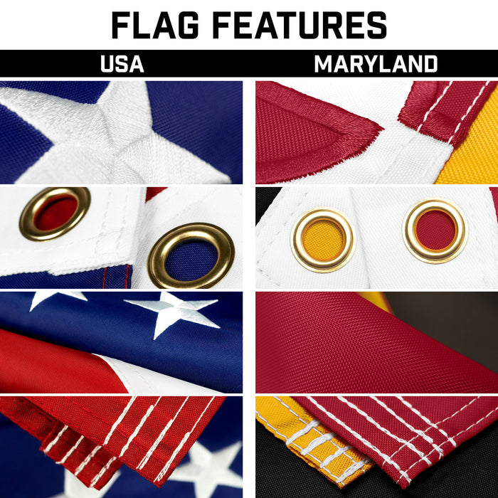 G128 Combo Pack: 20 Ft Telescoping Aluminum Flagpole (Black) & American and Maryland Flags 3x5 Ft, Both ToughWeave Series Embroidered Polyester | Pole with Flags Included