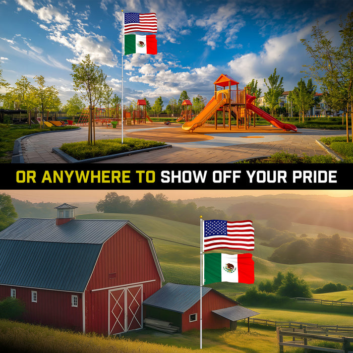 G128 Combo Pack: 20 Ft Telescoping Aluminum Flagpole (Silver) & American and Mexico Flags 3x5 Ft, Both ToughWeave Series Embroidered Polyester | Pole with Flags Included