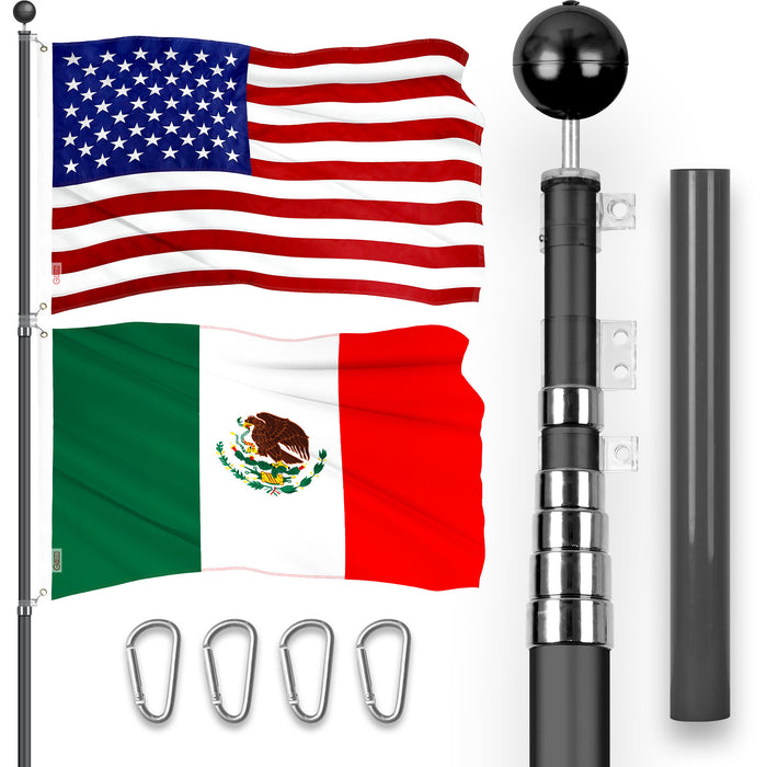 G128 Combo Pack: 20 Ft Telescoping Aluminum Flagpole (Black) & American and Mexico Flags 3x5 Ft, Both ToughWeave Series Embroidered Polyester | Pole with Flags Included