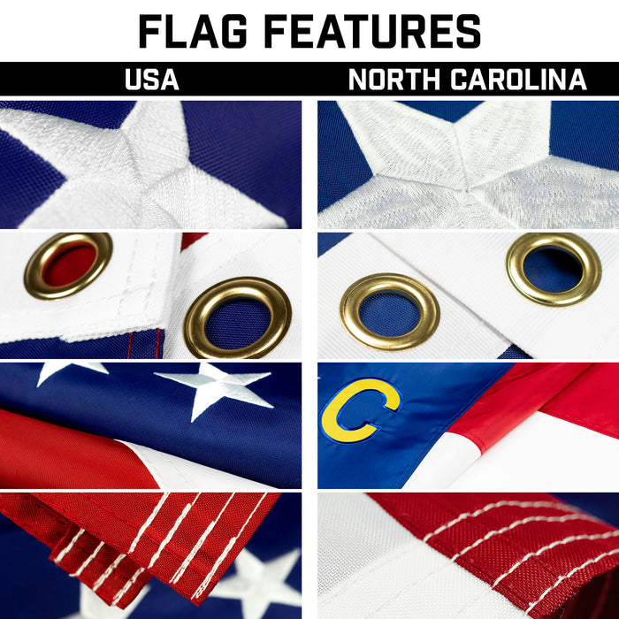 G128 Combo Pack: 20 Ft Telescoping Aluminum Flagpole (Black) & American and North Carolina Flags 3x5 Ft, Both ToughWeave Series Embroidered Polyester | Pole with Flags Included