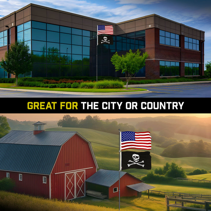G128 Combo Pack: 20 Ft Telescoping Aluminum Flagpole (Black) & American and Pirate Jolly Roger Bones Flags 3x5 Ft, Both ToughWeave Series Embroidered Polyester | Pole with Flags Included