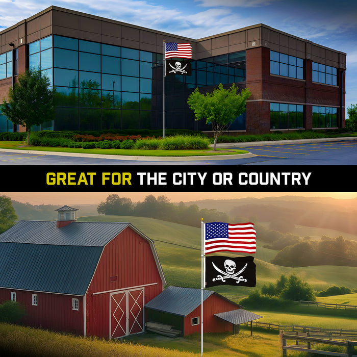 G128 Combo Pack: 20 Ft Telescoping Aluminum Flagpole (Silver) & American and Pirate Jolly Roger Swords Flags 3x5 Ft, Both ToughWeave Series Embroidered Polyester | Pole with Flags Included