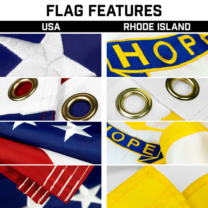 G128 Combo Pack: 20 Ft Telescoping Aluminum Flagpole (Silver) & American and Rhode Island Flags 3x5 Ft, Both ToughWeave Series Embroidered Polyester | Pole with Flags Included