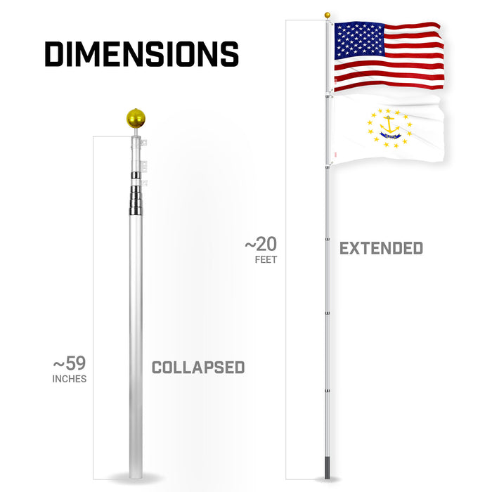 G128 Combo Pack: 20 Ft Telescoping Aluminum Flagpole (Silver) & American and Rhode Island No Golden Border Flags 3x5 Ft, Both ToughWeave Series Embroidered Polyester | Pole with Flags Included