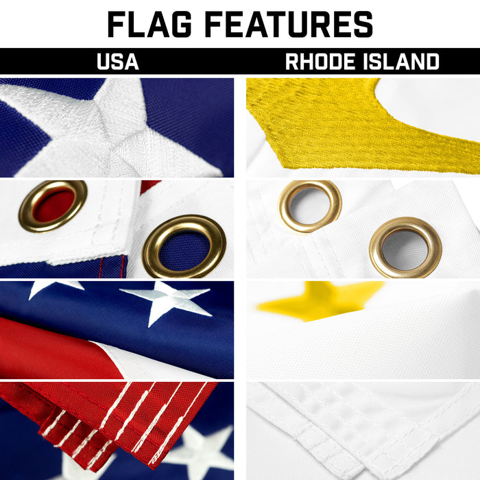 G128 Combo Pack: 25 Ft Telescoping Aluminum Flagpole (Black) & American and Rhode Island No Golden Border Flags 3x5 Ft, Both ToughWeave Series Embroidered Polyester | Pole with Flags Included
