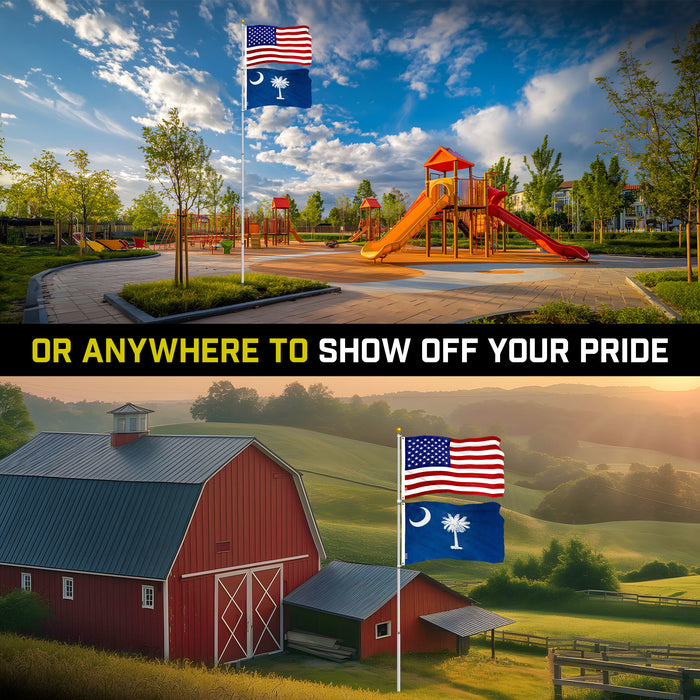 G128 Combo Pack: 25 Ft Telescoping Aluminum Flagpole (Silver) & American and South Carolina Flags 3x5 Ft, Both ToughWeave Series Embroidered Polyester | Pole with Flags Included