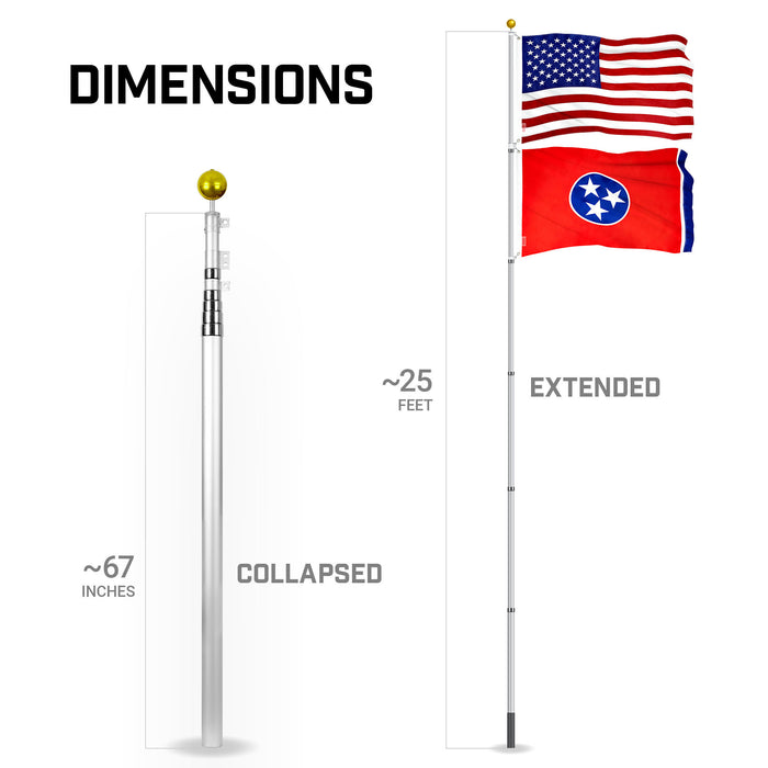 G128 Combo Pack: 25 Ft Telescoping Aluminum Flagpole (Silver) & American and Tennessee Flags 3x5 Ft, Both ToughWeave Series Embroidered Polyester | Pole with Flags Included
