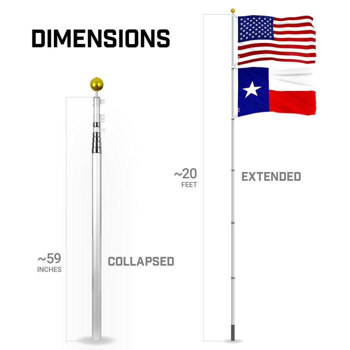 G128 Combo Pack: 20 Ft Telescoping Aluminum Flagpole (Silver) & American and Texas Flags 3x5 Ft, Both ToughWeave Series Embroidered Polyester | Pole with Flags Included