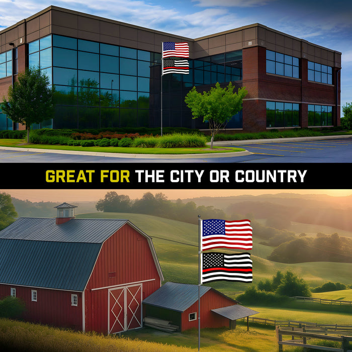 G128 Combo Pack: 25 Ft Telescoping Aluminum Flagpole (Black) & American and Thin Red Line Flags 3x5 Ft, Both ToughWeave Series Embroidered Polyester | Pole with Flags Included