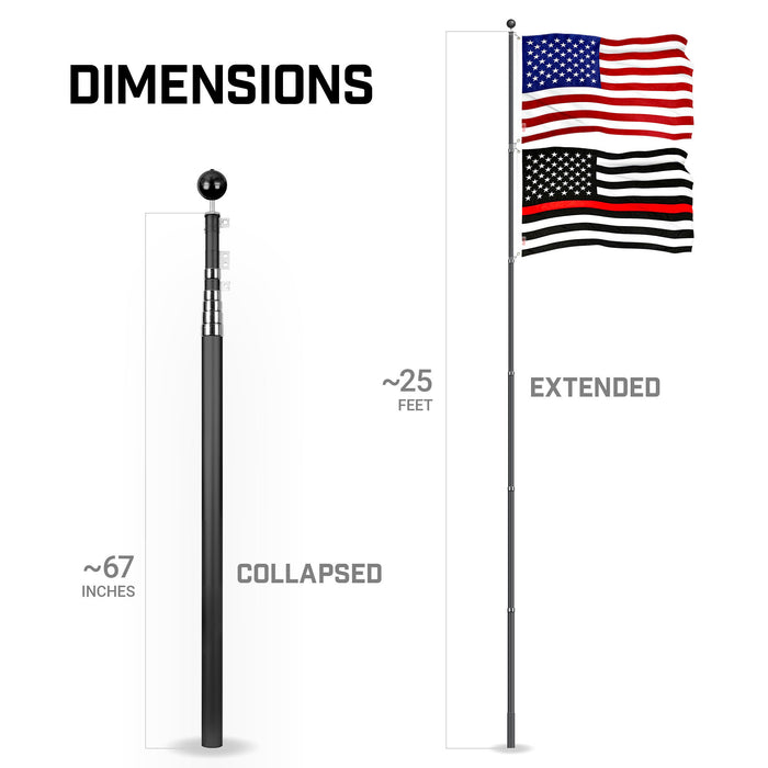 G128 Combo Pack: 25 Ft Telescoping Aluminum Flagpole (Black) & American and Thin Red Line Flags 3x5 Ft, Both ToughWeave Series Embroidered Polyester | Pole with Flags Included