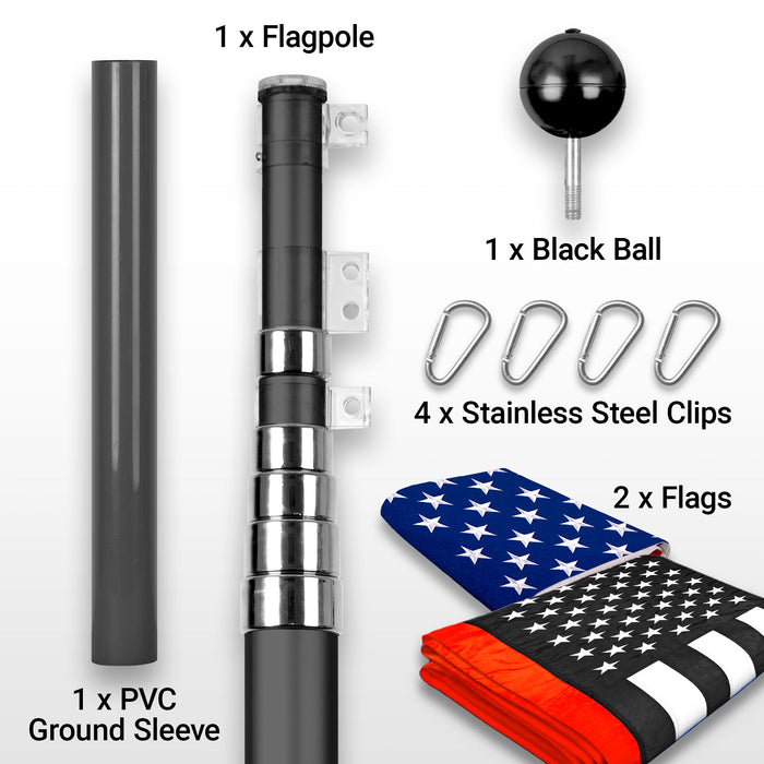 G128 Combo Pack: 25 Ft Telescoping Aluminum Flagpole (Black) & American and Thin Red Line Flags 3x5 Ft, Both ToughWeave Series Embroidered Polyester | Pole with Flags Included