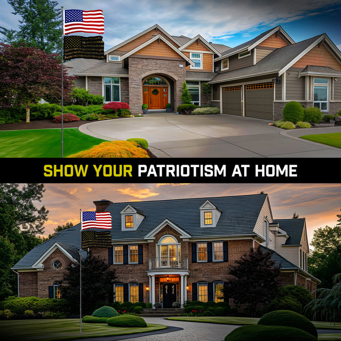 G128 Combo Pack: 25 Ft Telescoping Aluminum Flagpole (Black) & American and USA Camouflage Flags 3x5 Ft, Both ToughWeave Series Embroidered Polyester | Pole with Flags Included