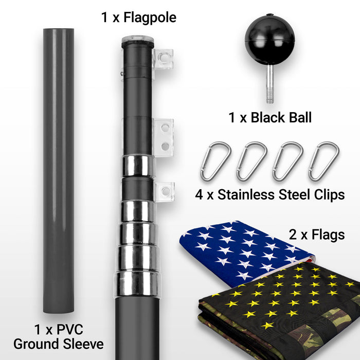 G128 Combo Pack: 25 Ft Telescoping Aluminum Flagpole (Black) & American and USA Camouflage Flags 3x5 Ft, Both ToughWeave Series Embroidered Polyester | Pole with Flags Included
