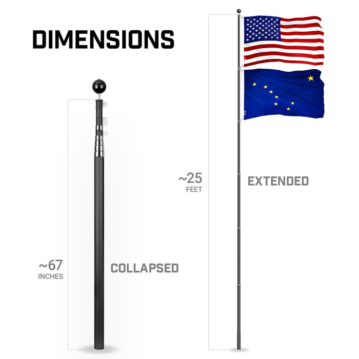 G128 Combo Pack: 25 Ft Telescoping Aluminum Flagpole (Black) & American and Alaska Flags 3x5 Ft, Both ToughWeave Series Embroidered Polyester | Pole with Flags Included