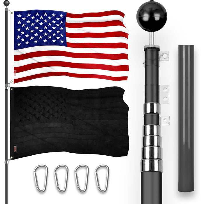 G128 Combo Pack: 20 Ft Telescoping Aluminum Flagpole (Black) & American and All Black USA Flags 3x5 Ft, Both ToughWeave Series Embroidered Polyester | Pole with Flags Included