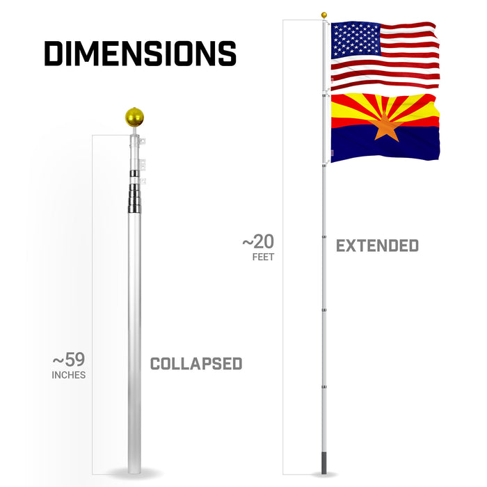G128 Combo Pack: 20 Ft Telescoping Aluminum Flagpole (Silver) & American and Arizona Flags 3x5 Ft, Both ToughWeave Series Embroidered Polyester | Pole with Flags Included