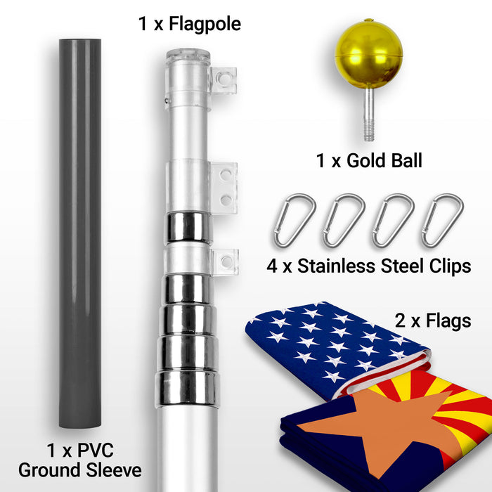 G128 Combo Pack: 20 Ft Telescoping Aluminum Flagpole (Silver) & American and Arizona Flags 3x5 Ft, Both ToughWeave Series Embroidered Polyester | Pole with Flags Included