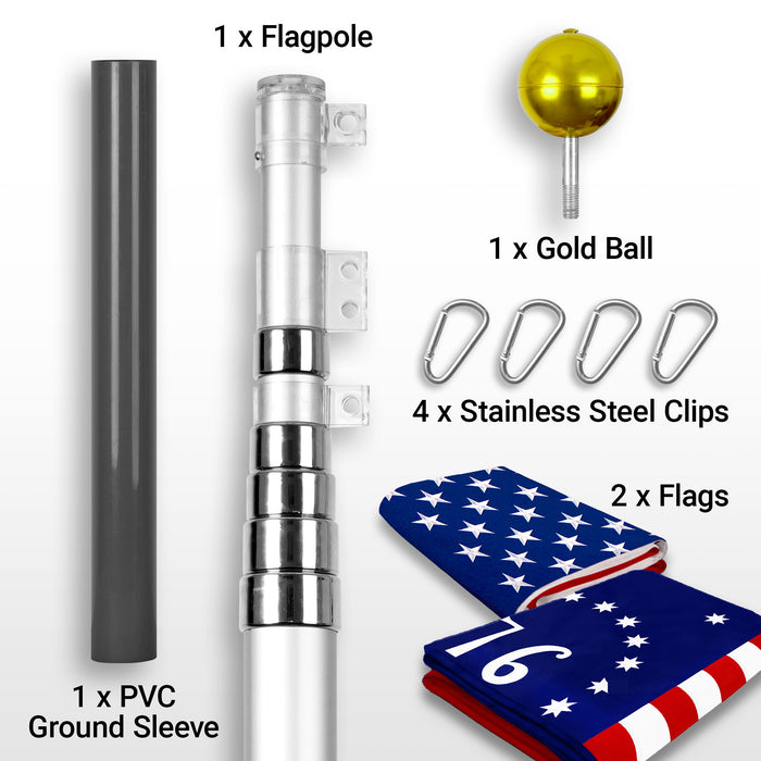 G128 Combo Pack: 25 Ft Telescoping Aluminum Flagpole (Silver) & American and Bennington Flags 3x5 Ft, Both ToughWeave Series Embroidered Polyester | Pole with Flags Included