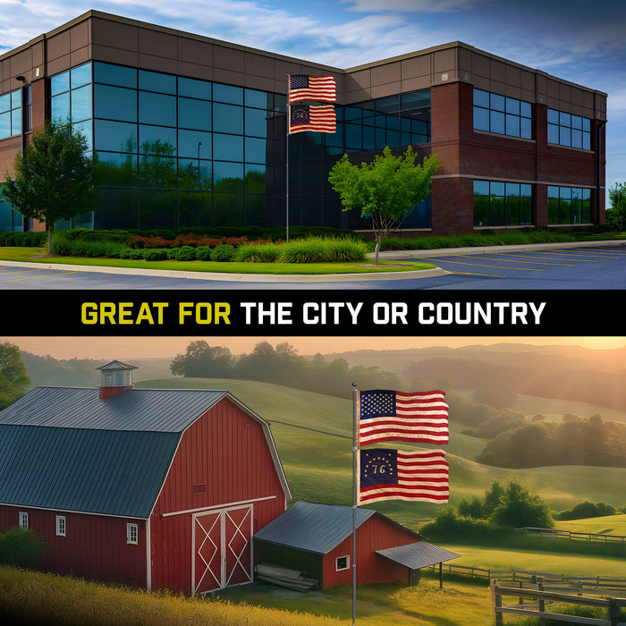 G128 Combo Pack: 25 Ft Telescoping Aluminum Flagpole (Black) & American and Bennington Tea Stained Flags 3x5 Ft, Both ToughWeave Series Embroidered Polyester | Pole with Flags Included