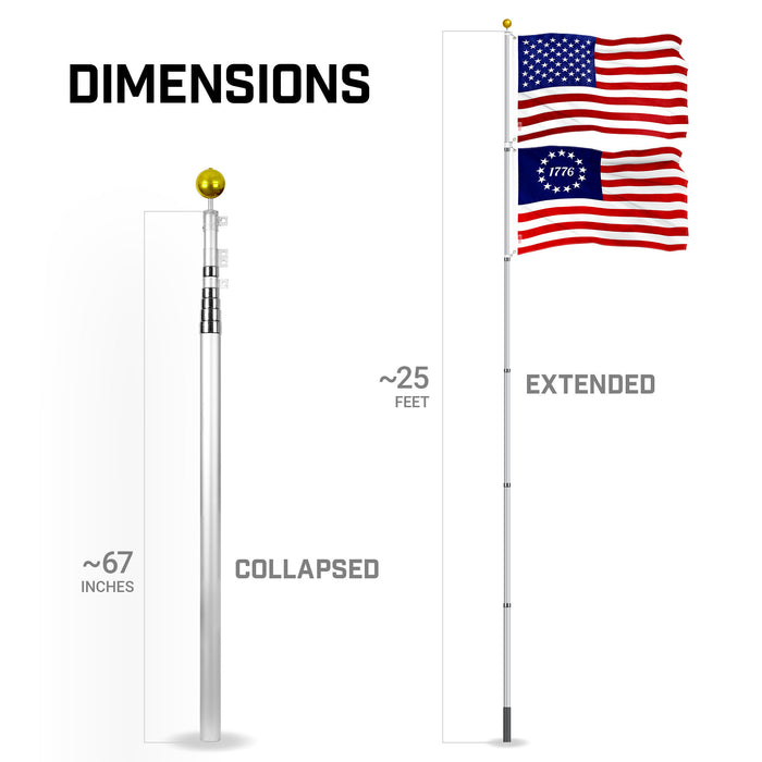G128 Combo Pack: 25 Ft Telescoping Aluminum Flagpole (Silver) & American and Betsy Ross 1776 Flags 3x5 Ft, Both ToughWeave Series Embroidered Polyester | Pole with Flags Included