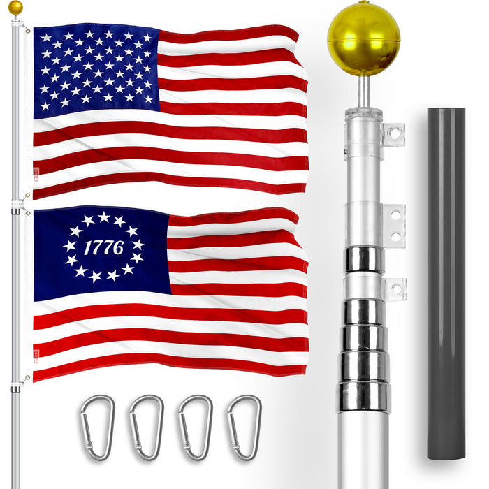 G128 Combo Pack: 25 Ft Telescoping Aluminum Flagpole (Silver) & American and Betsy Ross 1776 Flags 3x5 Ft, Both ToughWeave Series Embroidered Polyester | Pole with Flags Included