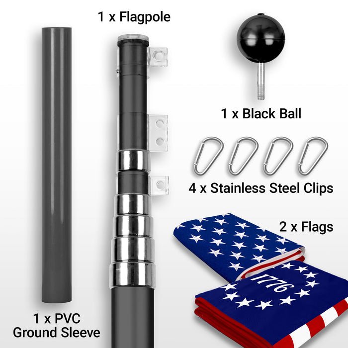G128 Combo Pack: 25 Ft Telescoping Aluminum Flagpole (Black) & American and Betsy Ross 1776 Flags 3x5 Ft, Both ToughWeave Series Embroidered Polyester | Pole with Flags Included